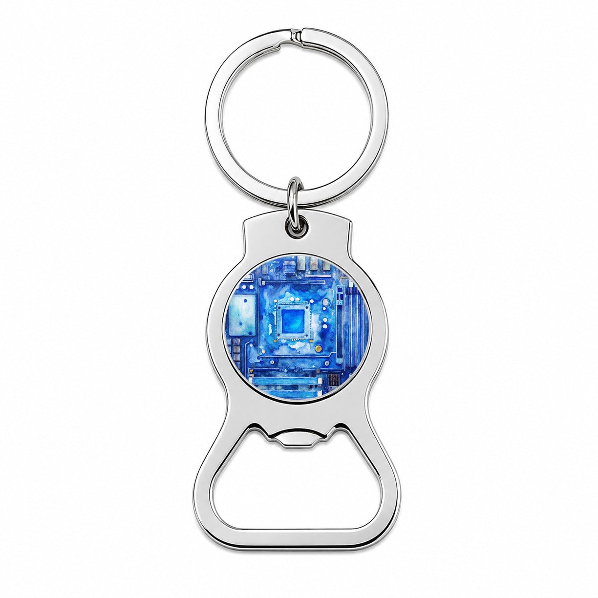 Blue Computer Motherboard Watercolor Bottle Opener Keychain
