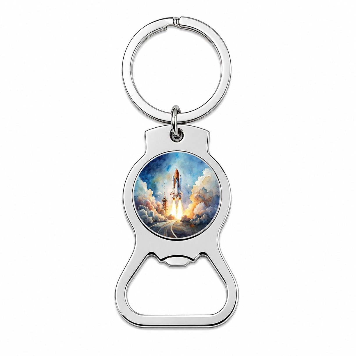 Classic Space Shuttle Launch Watercolor Bottle Opener Keychain