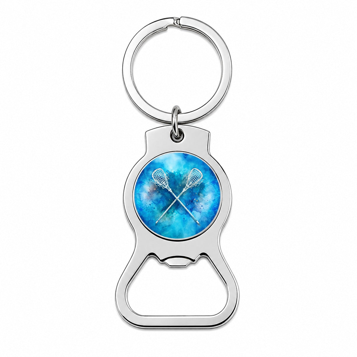 Crossed Lacrosse Sticks On Blue Background Bottle Opener Keychain