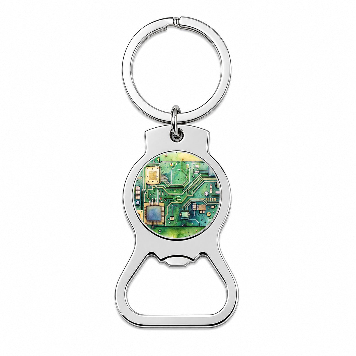 Detailed Circuit Board Watercolor Bottle Opener Keychain
