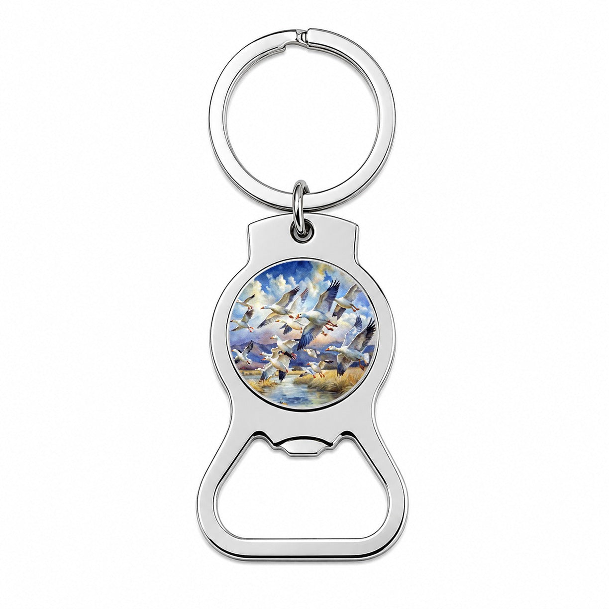 Flock Of Snow Geese In Flight Watercolor Bottle Opener Keychain