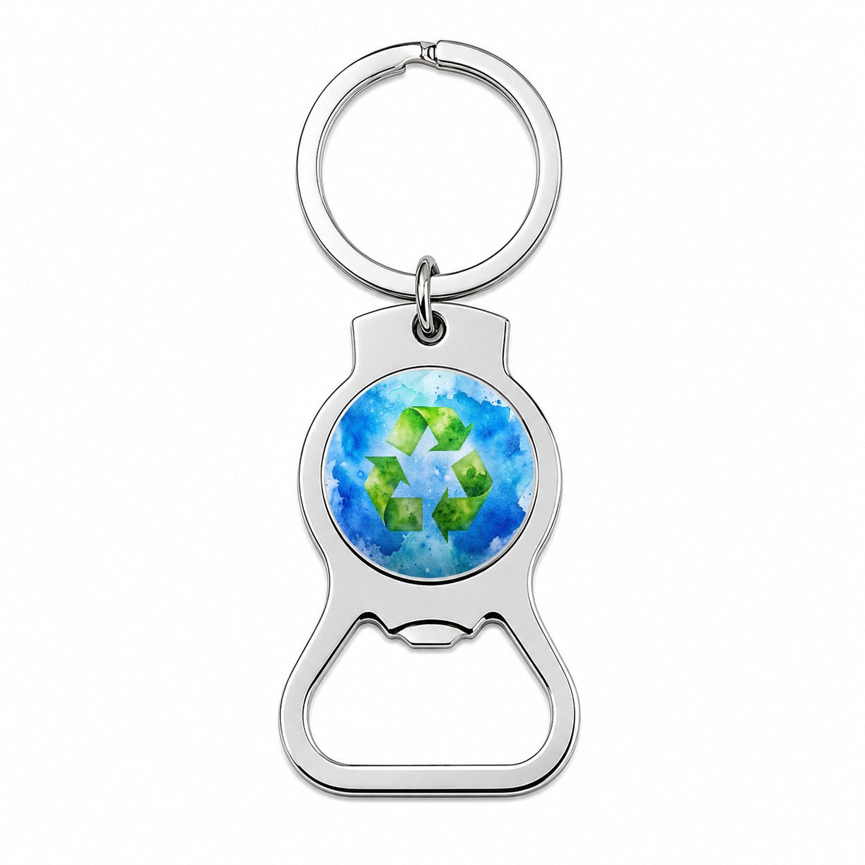 Green Recycle Symbol On A Blue Background Watercolor Bottle Opener Keychain