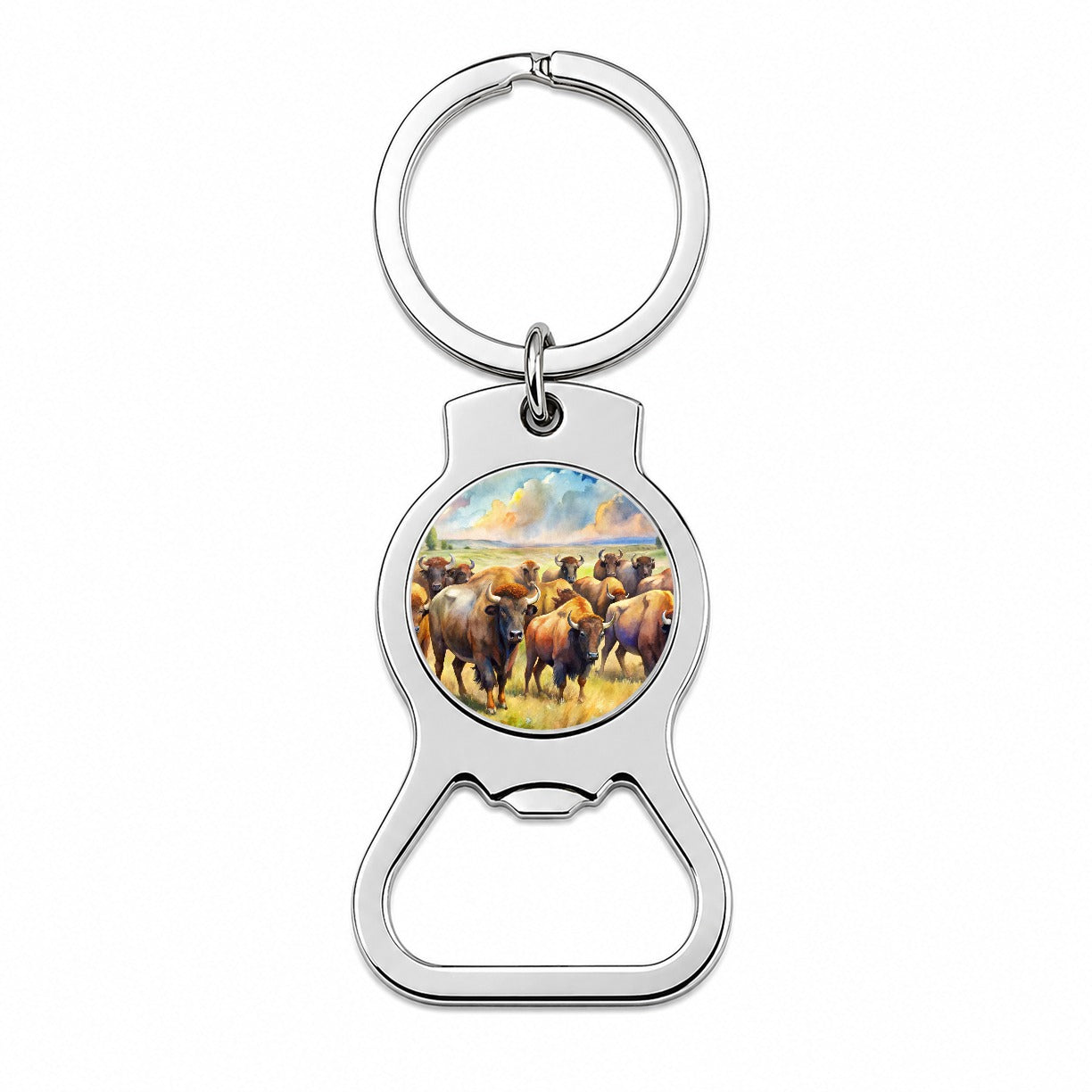 Herd Of Buffalo Bison On The Prairie Watercolor Bottle Opener Keychain