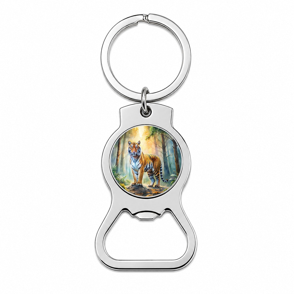 Majestic Tiger Standing In Forest Watercolor Bottle Opener Keychain