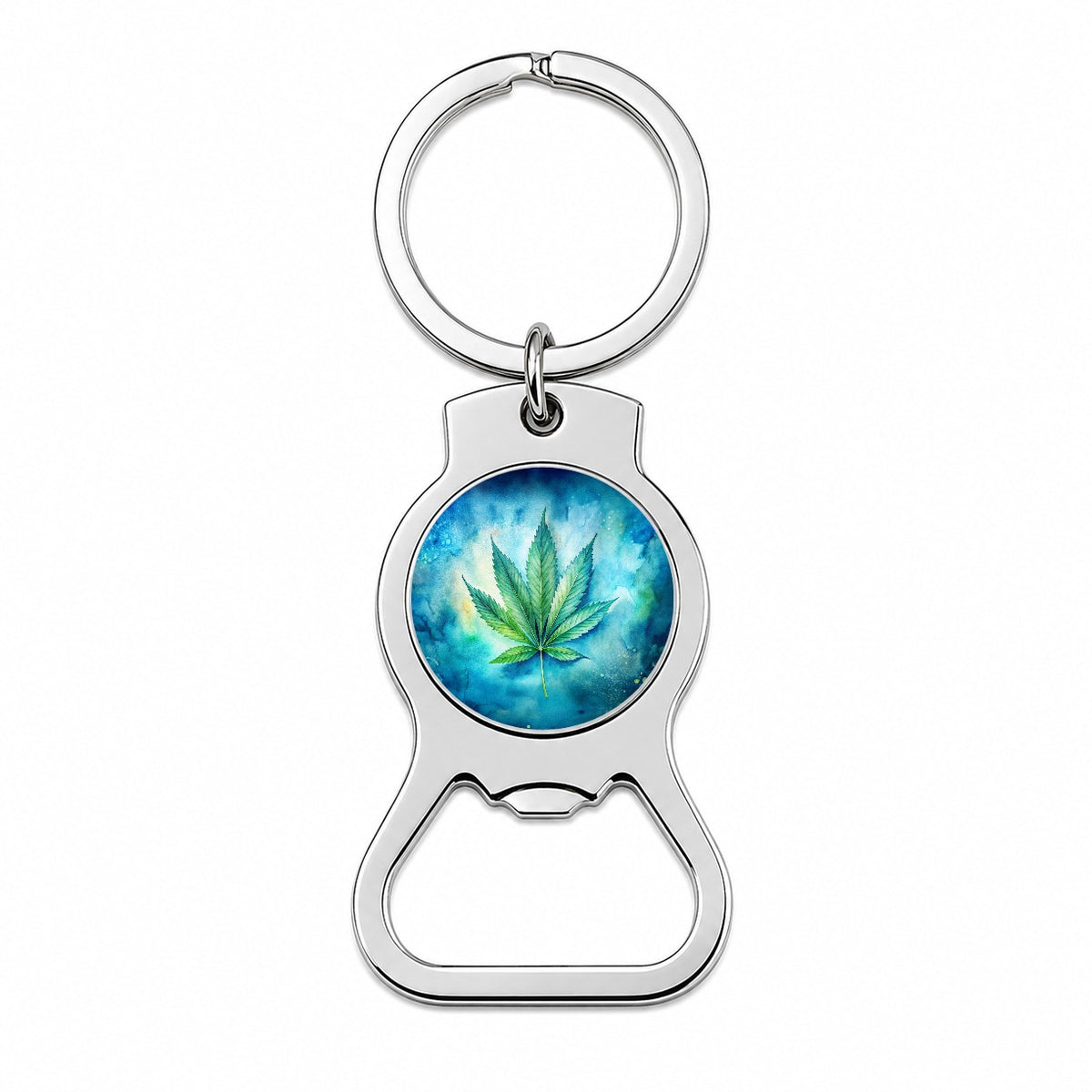Marijuana Leaf on Blue Background Watercolor Bottle Opener Keychain