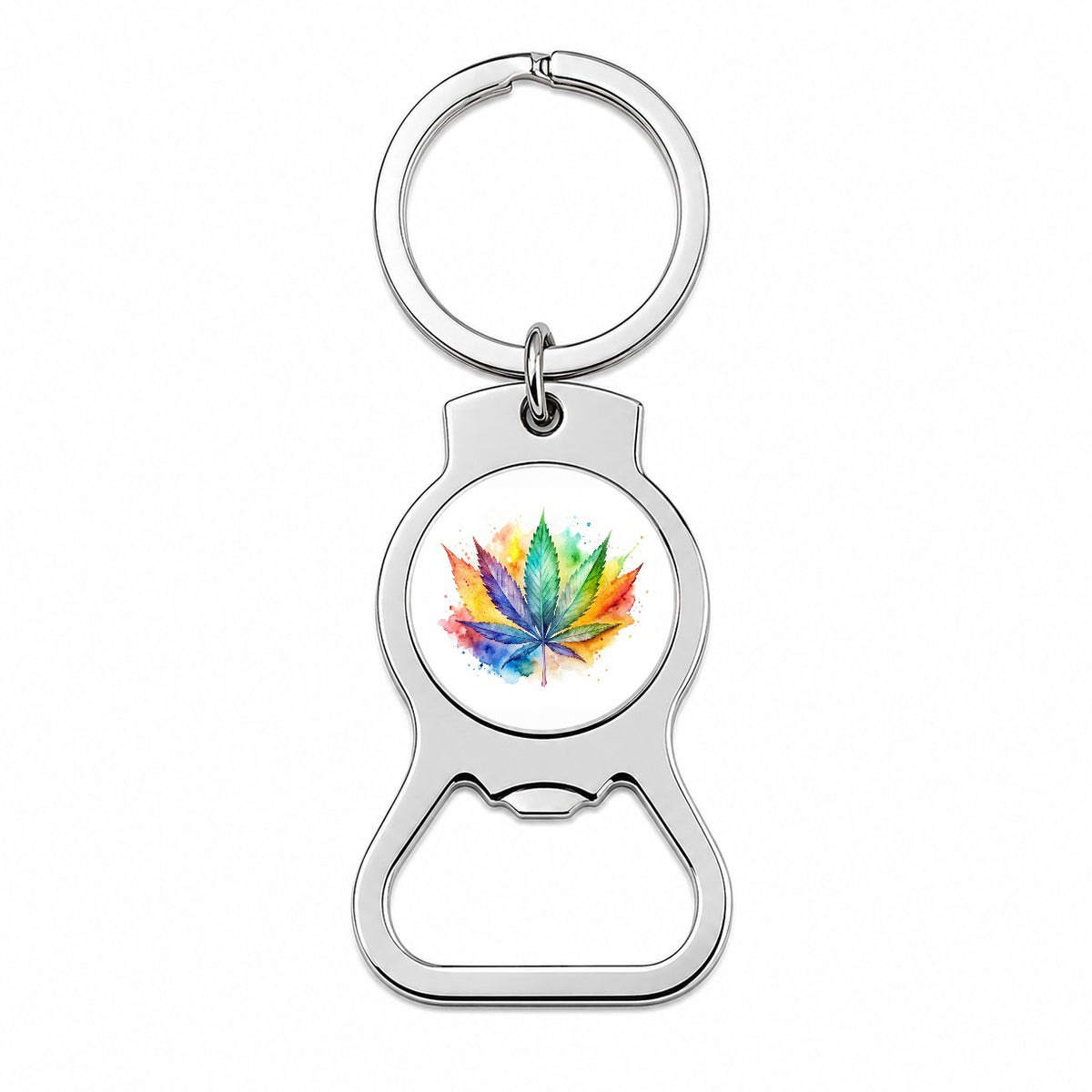 Marijuana Leaf Rainbow Watercolor Bottle Opener Keychain