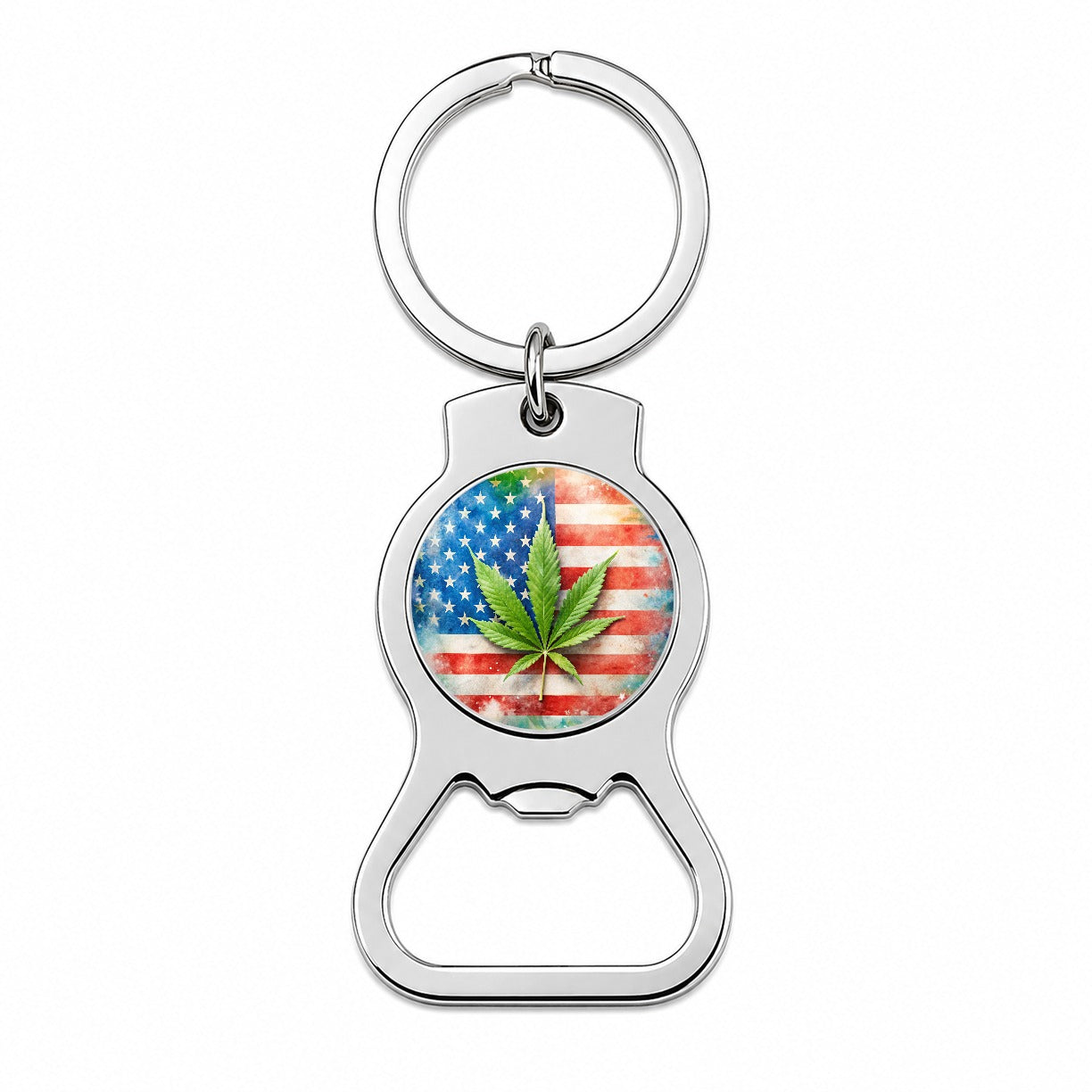 Patriotic Marijuana Leaf on American Flag Background Bottle Opener Keychain