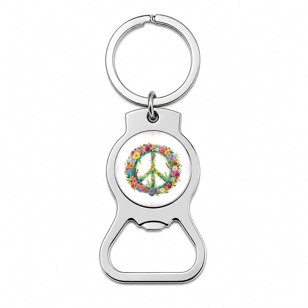 Peace Symbol Floral Watercolor Bottle Opener Keychain