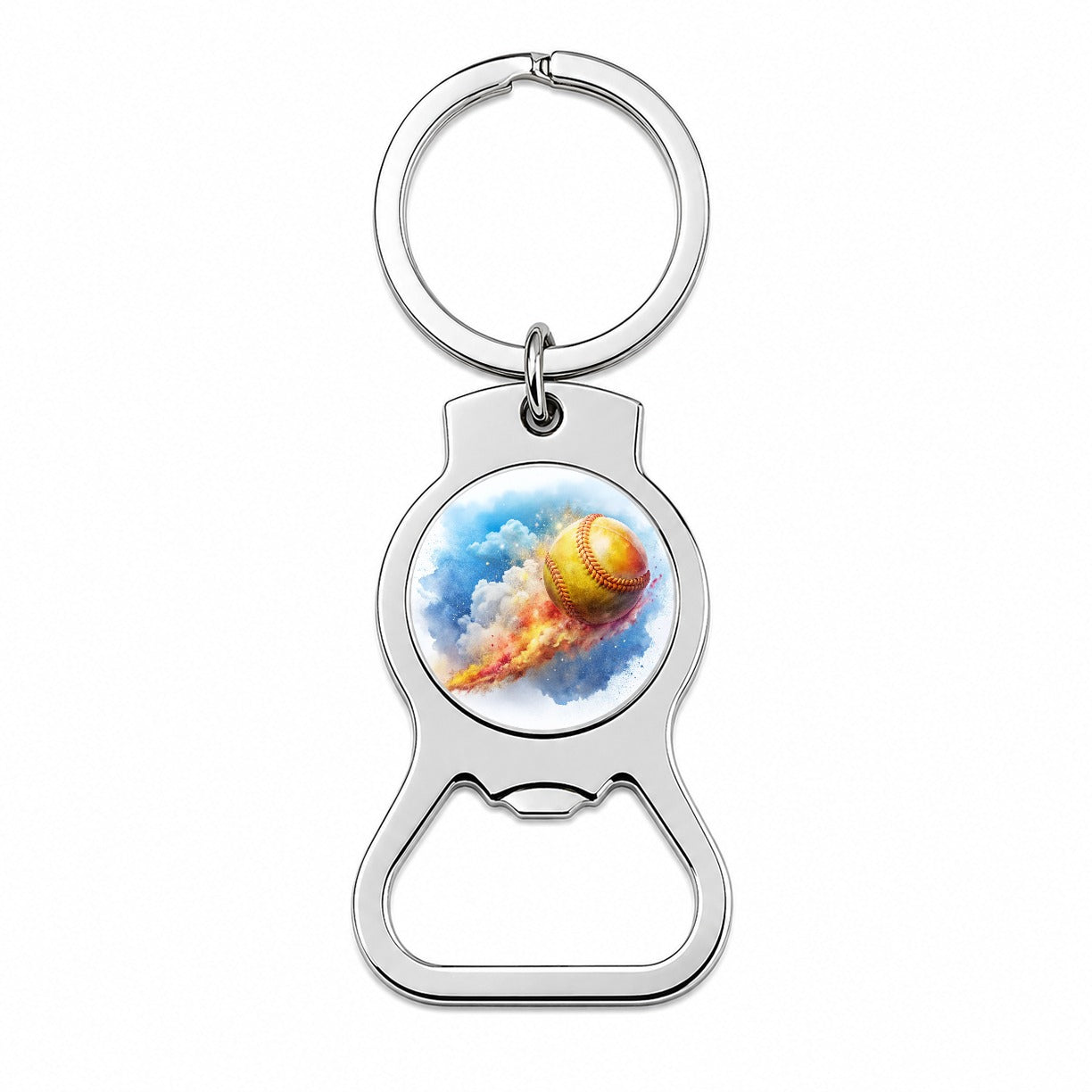 Softball Rocketing Through The Sky Watercolor Bottle Opener Keychain