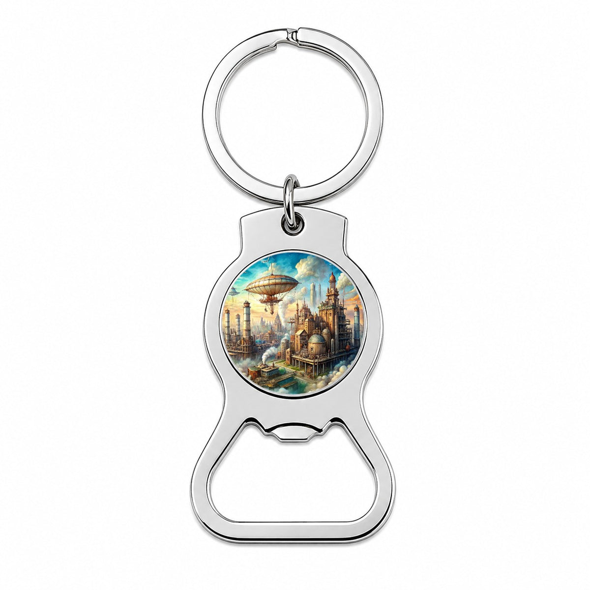 Steampunk City and Airship Fantasy Sci-fi Scene Bottle Opener Keychain