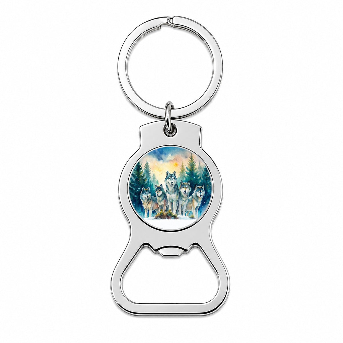 Wolfpack Snowy Forest Wolf Scene Watercolor Bottle Opener Keychain