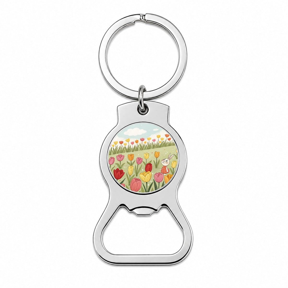 Field Of Tulips And Bunny Flowers Bottle Opener Keychain