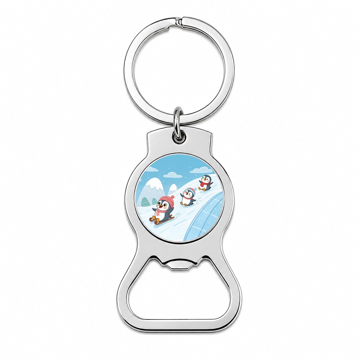 Kawaii Penguins Sledding Snow Bottle Opener Keychain