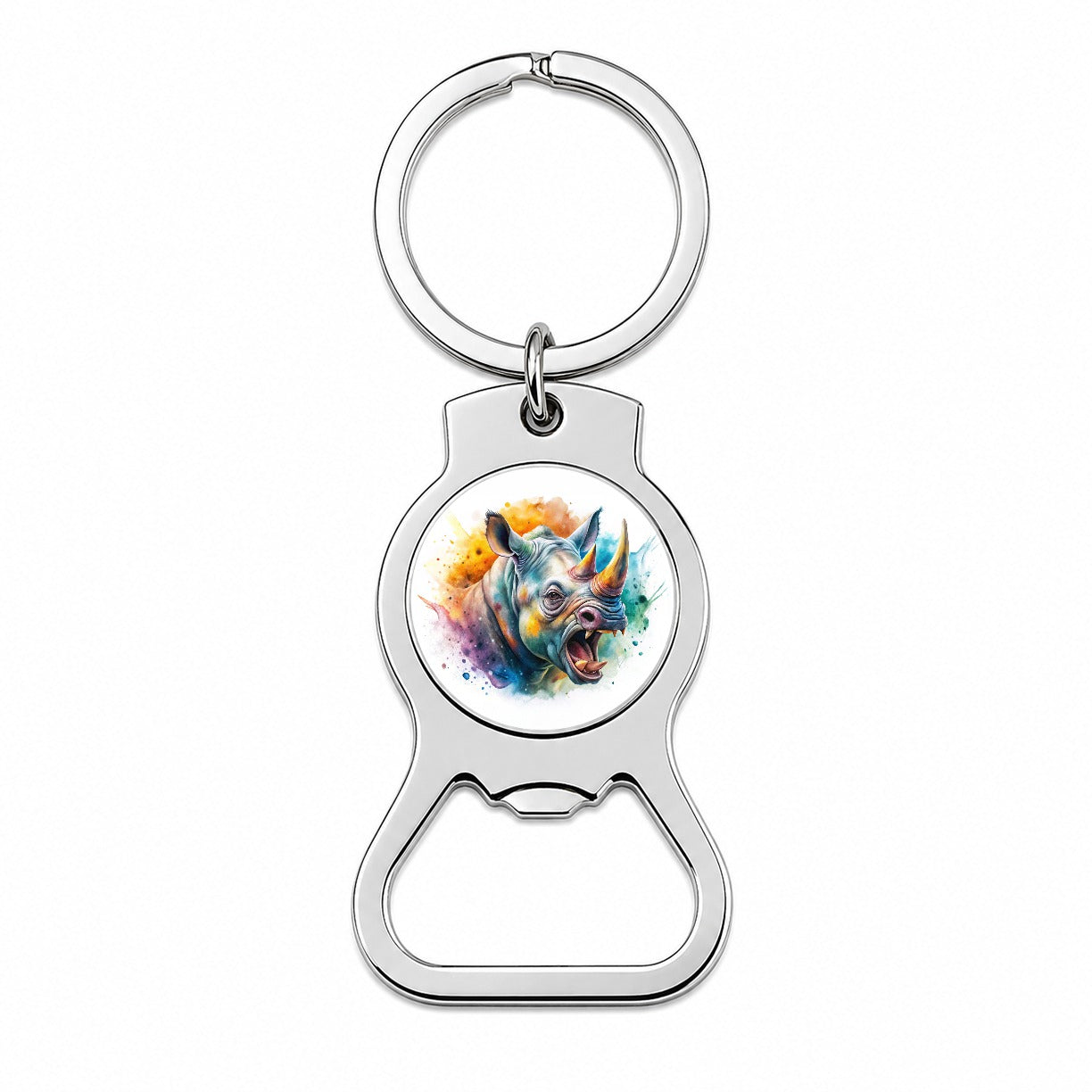 Angry Rhino Rhinoceros Watercolor Bottle Opener Keychain