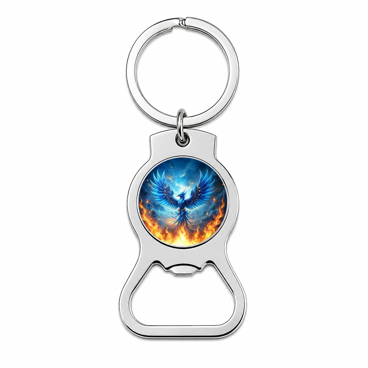 Blue Flaming Phoenix Rising From Ashes Fantasy Bird Bottle Opener Keychain