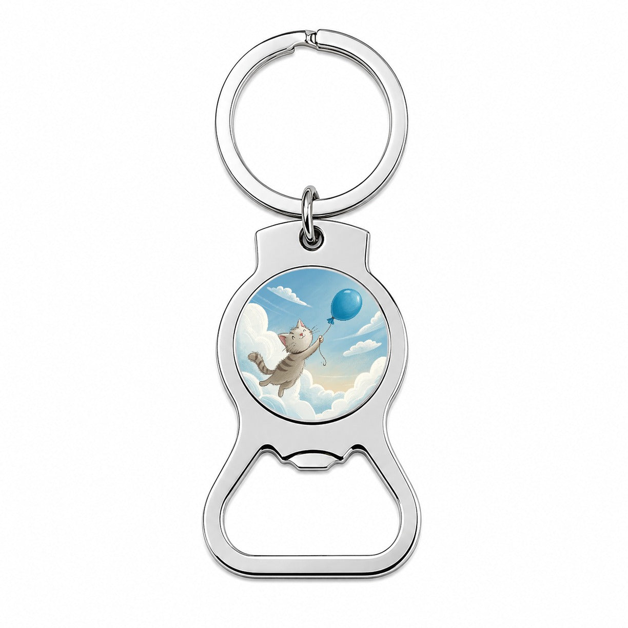 Cat Carried by Blue Balloon into the Sky Bottle Opener Keychain