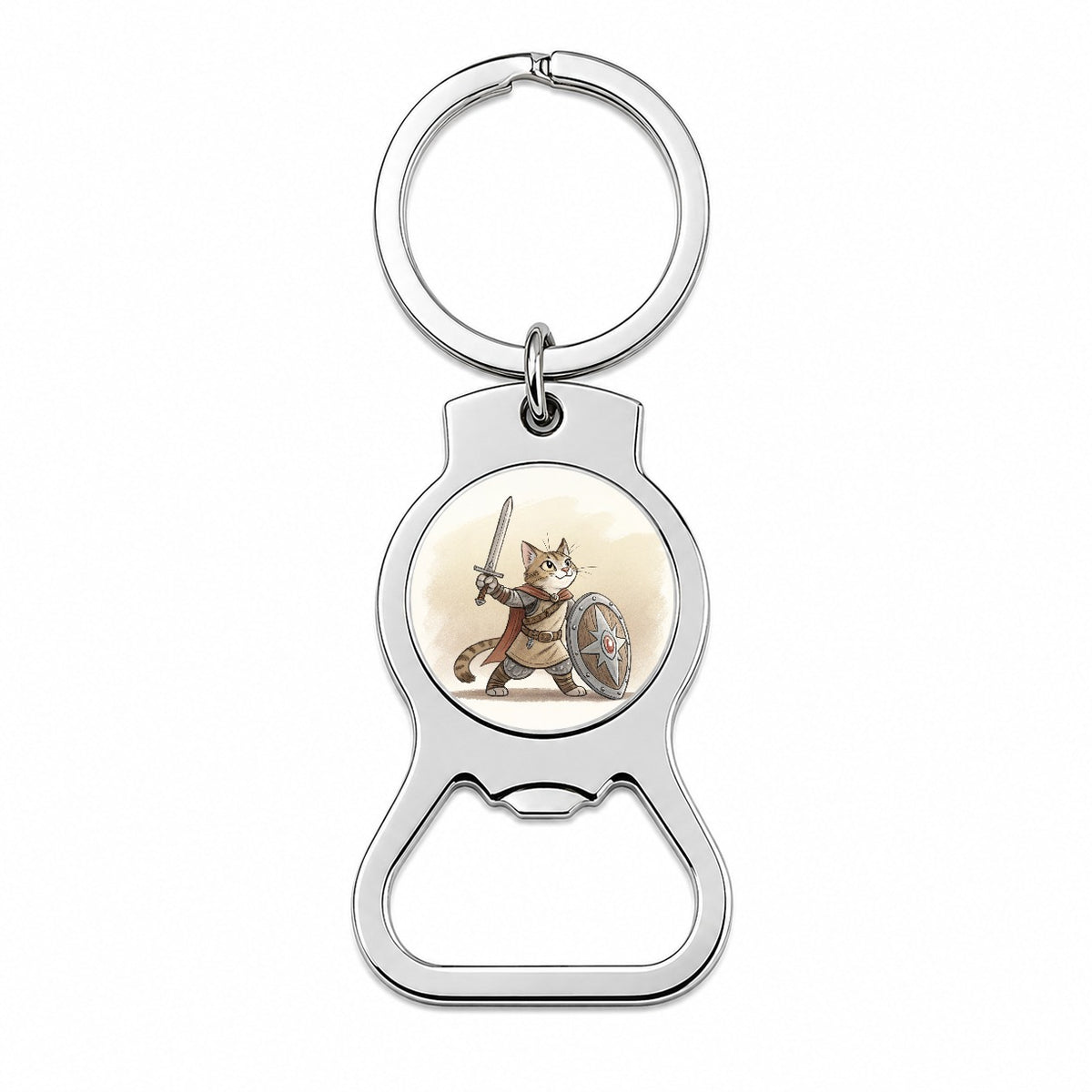 Cat With Sword And Shield Fantasy Medieval Cartoon Bottle Opener Keychain