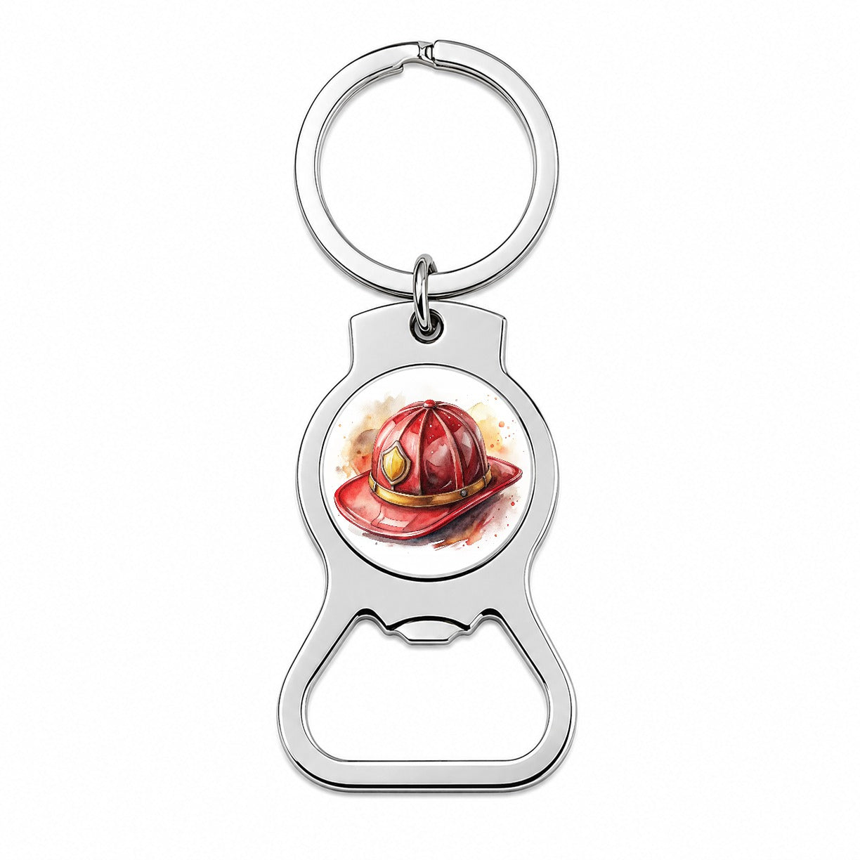 Classic Red Firefighter Fireman Helmet Watercolor Bottle Opener Keychain