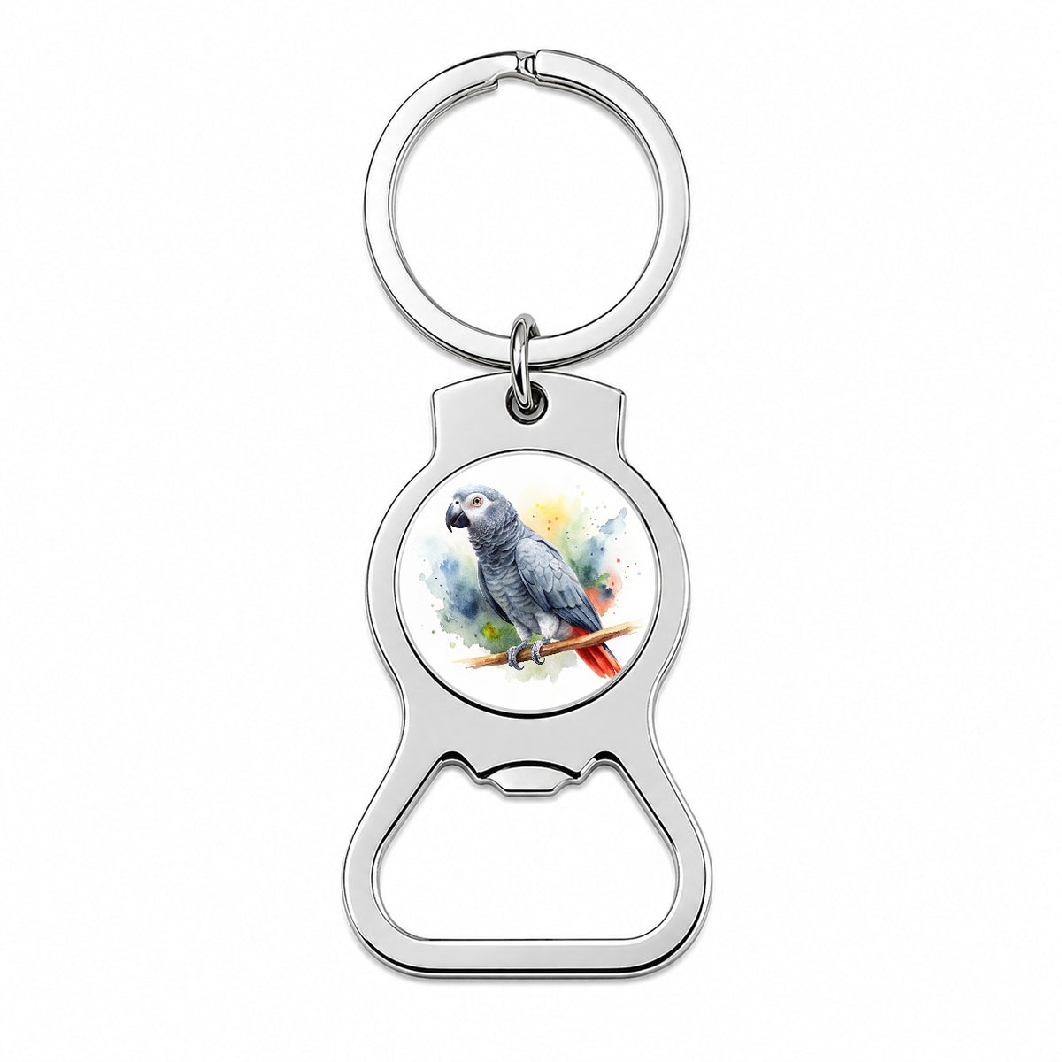 Congo African Grey Parrot Watercolor Bottle Opener Keychain