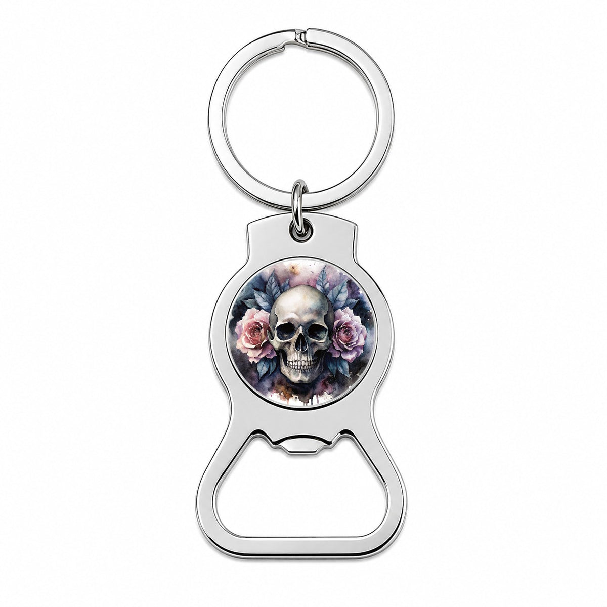 Death Skull Roses Black Watercolor Bottle Opener Keychain