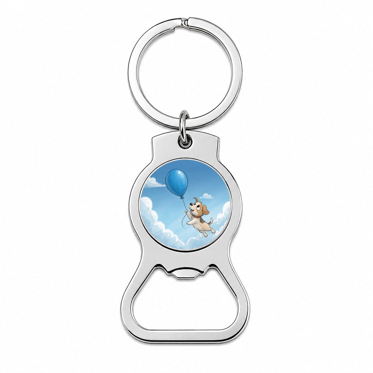 Dog Carried by Blue Balloon into the Sky Bottle Opener Keychain