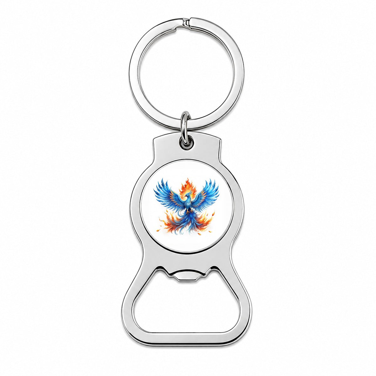 Flaming Blue Phoenix Rising Fantasy Watercolor Bottle Opener Keychain