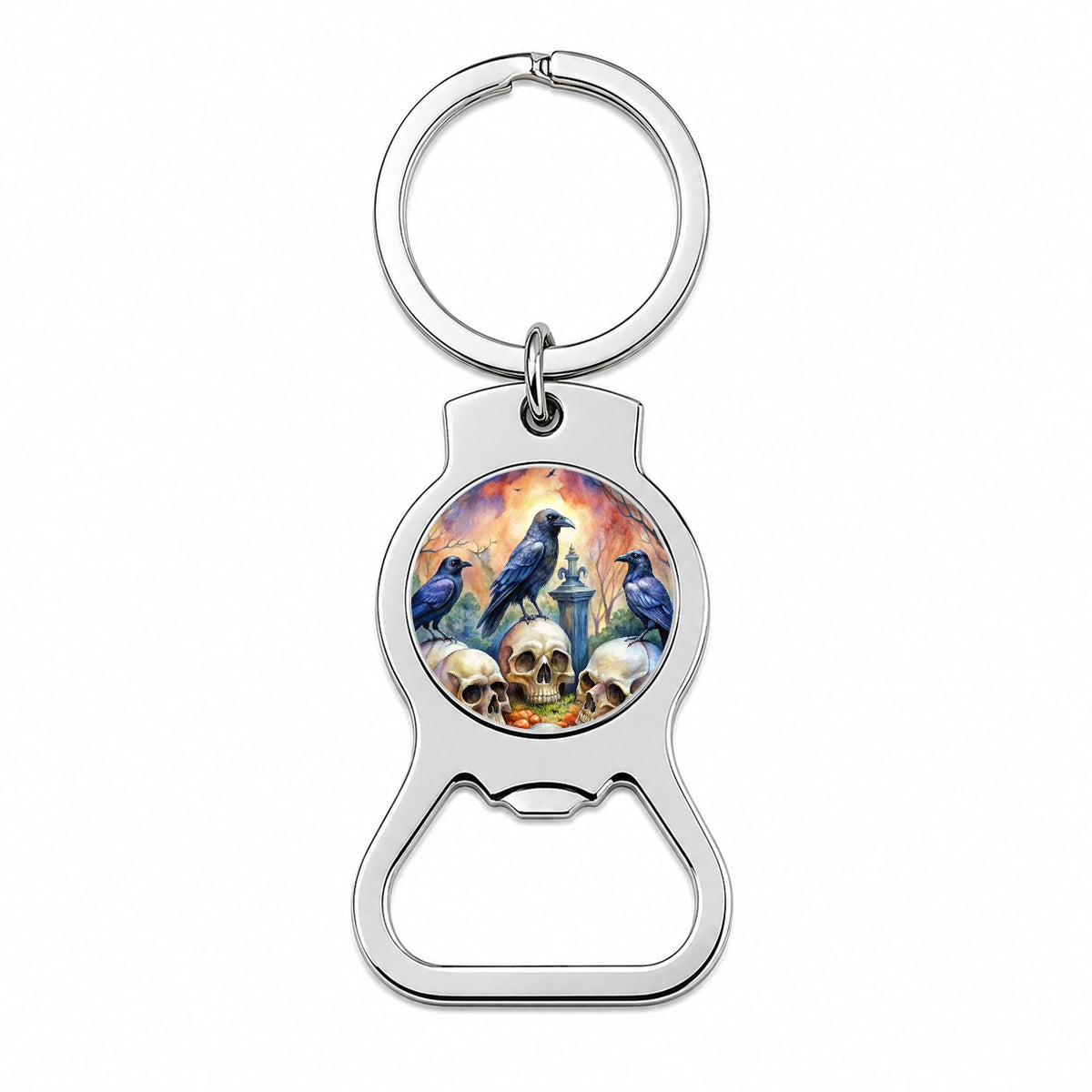 Gothic Raven Death Skulls Watercolor Bottle Opener Keychain
