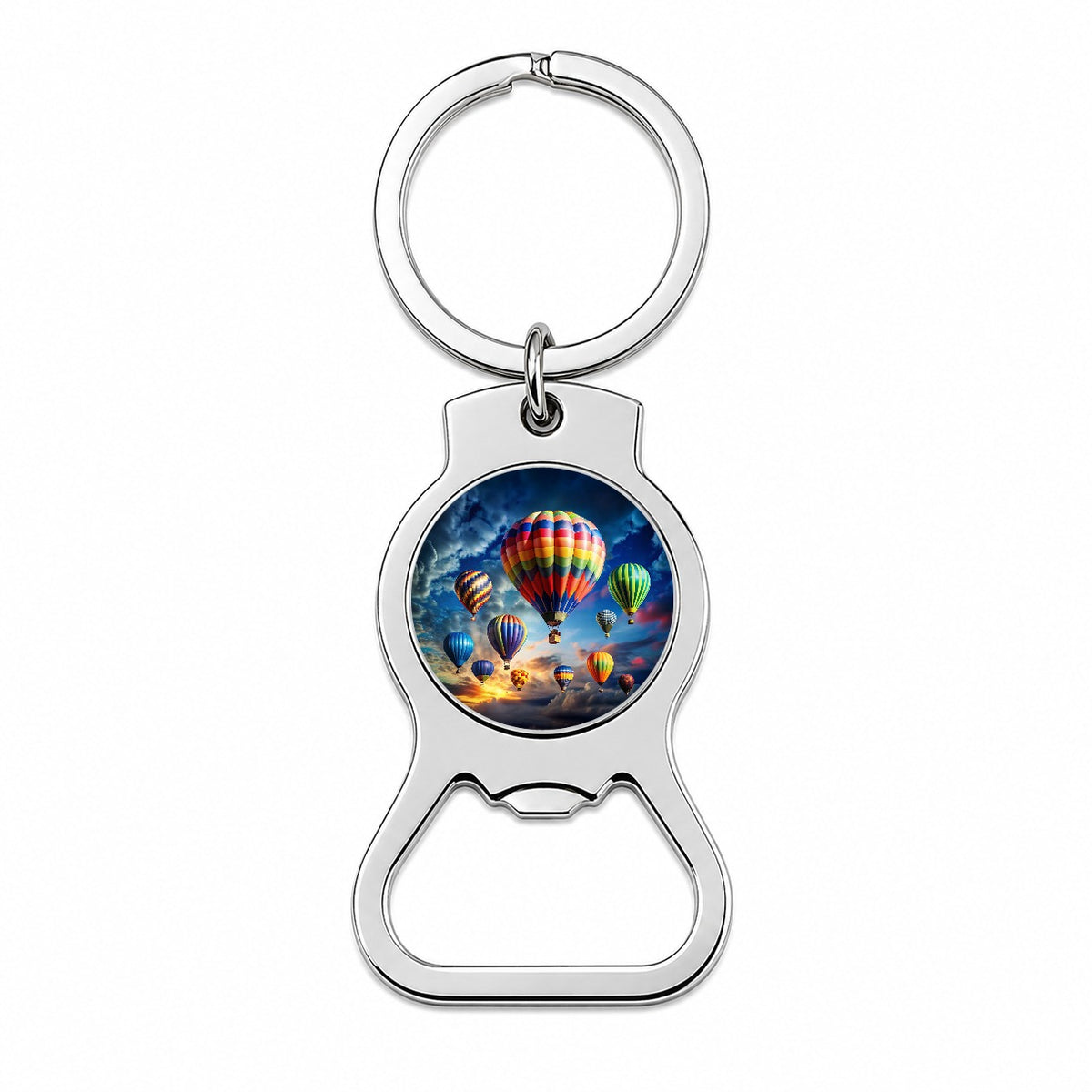 Hot Air Balloons Against a Cloud Covered Deep Blue Sky Bottle Opener Keychain