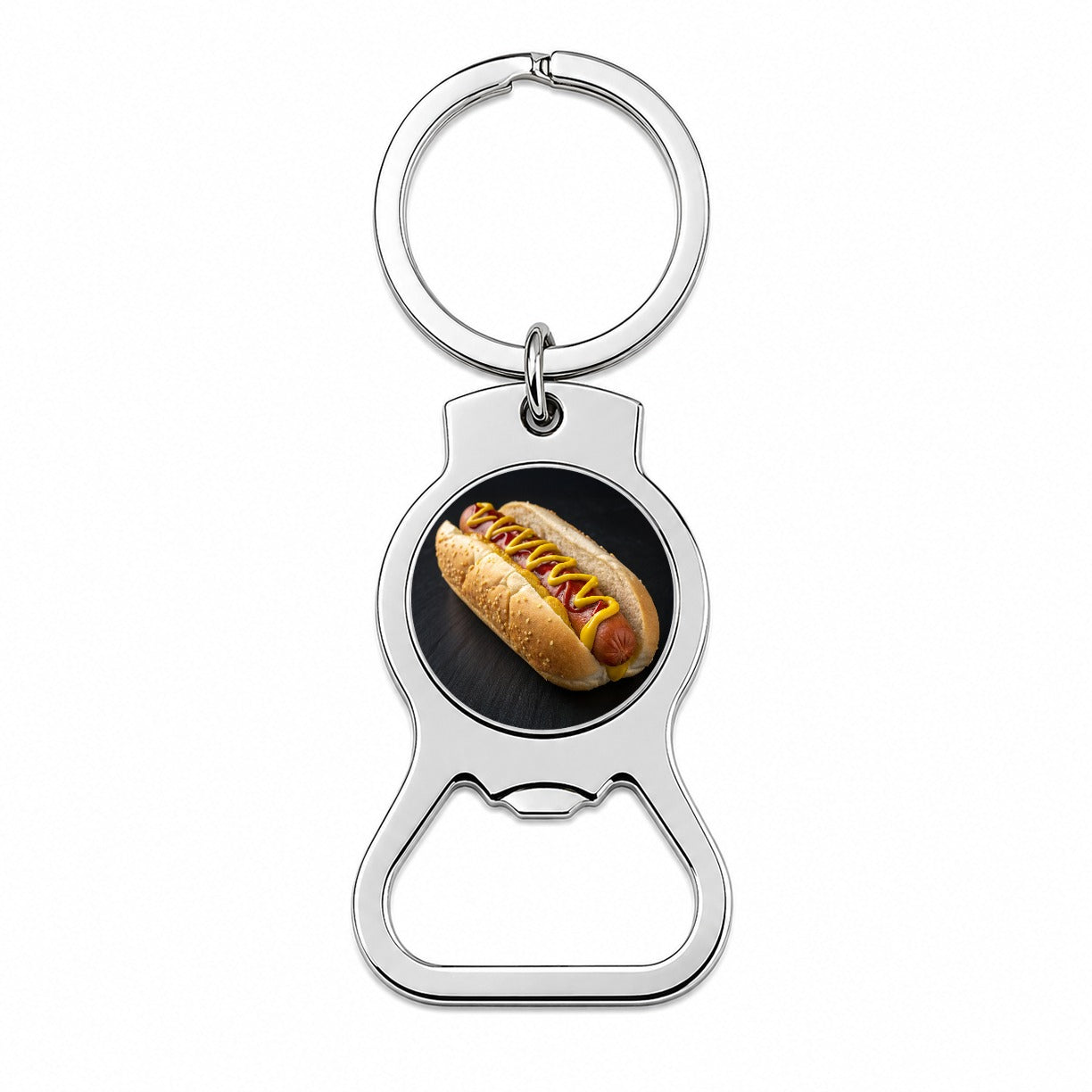 Hot Dog In Bun With Mustard and Ketchup Bottle Opener Keychain