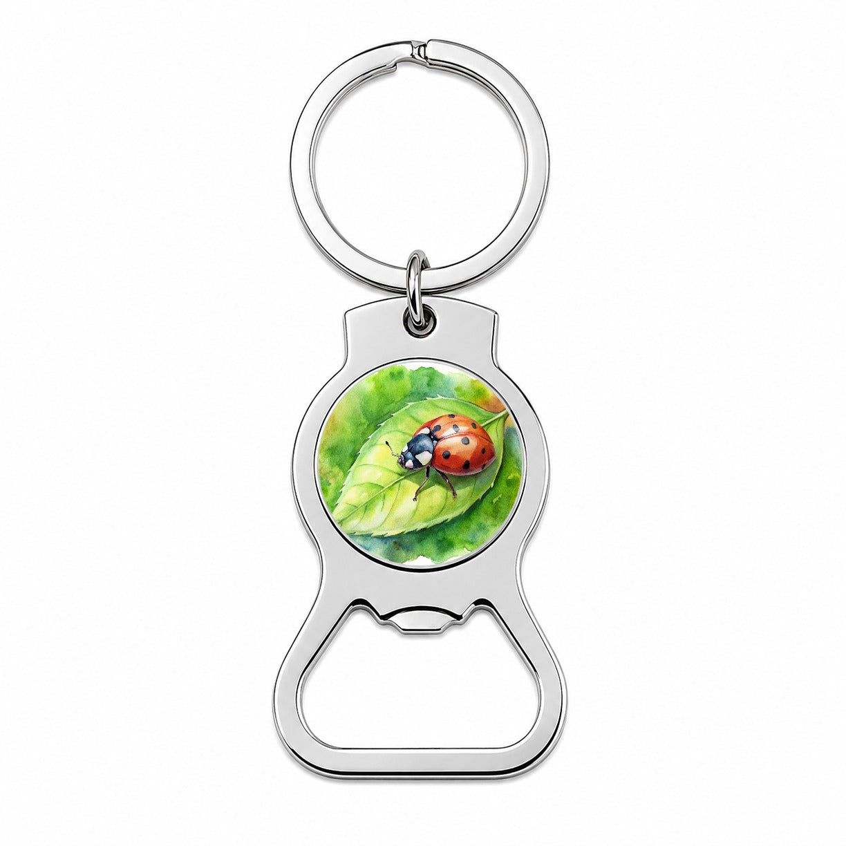 Ladybug On Leaf Watercolor Bottle Opener Keychain