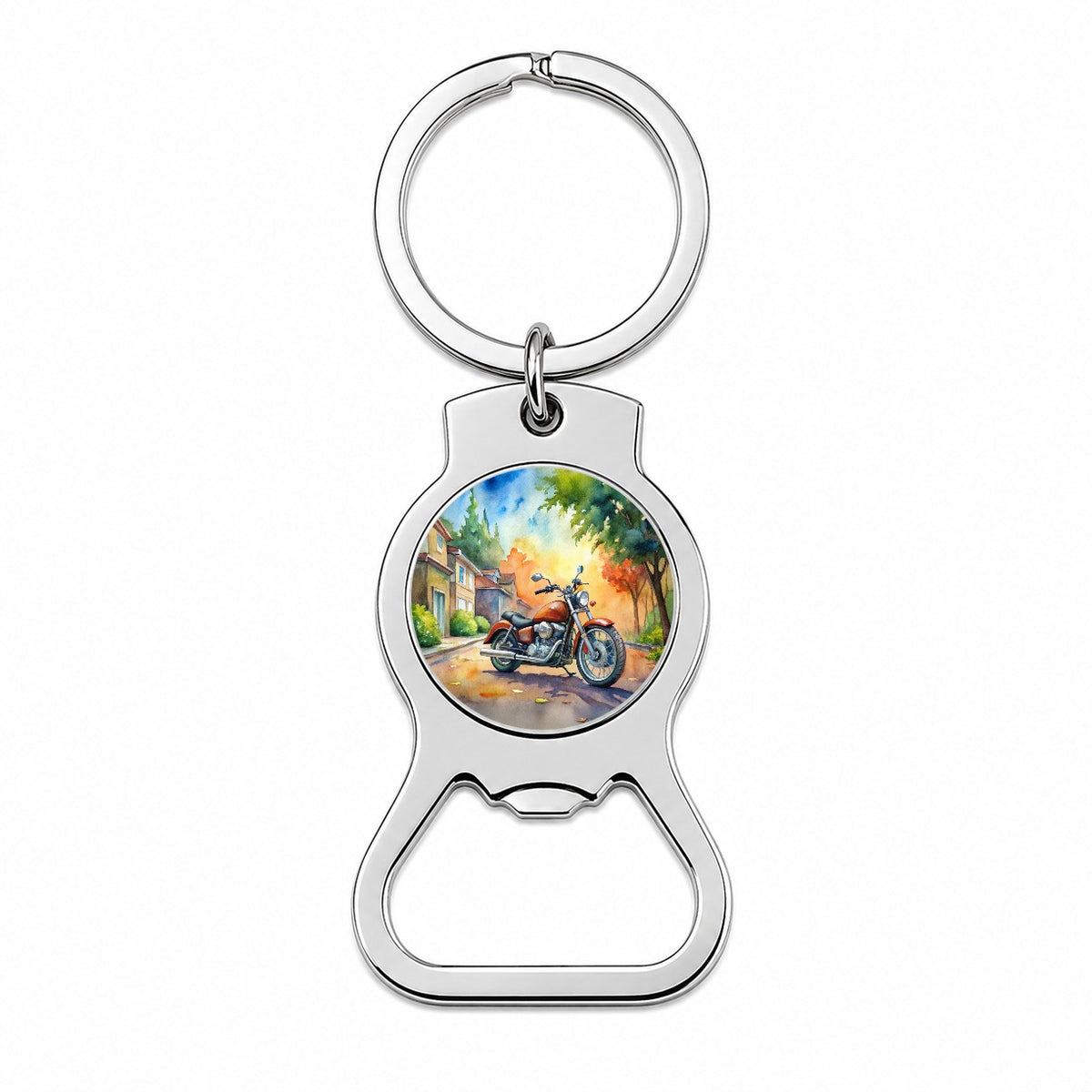 Motorcycle Watercolor Scene Bottle Opener Keychain