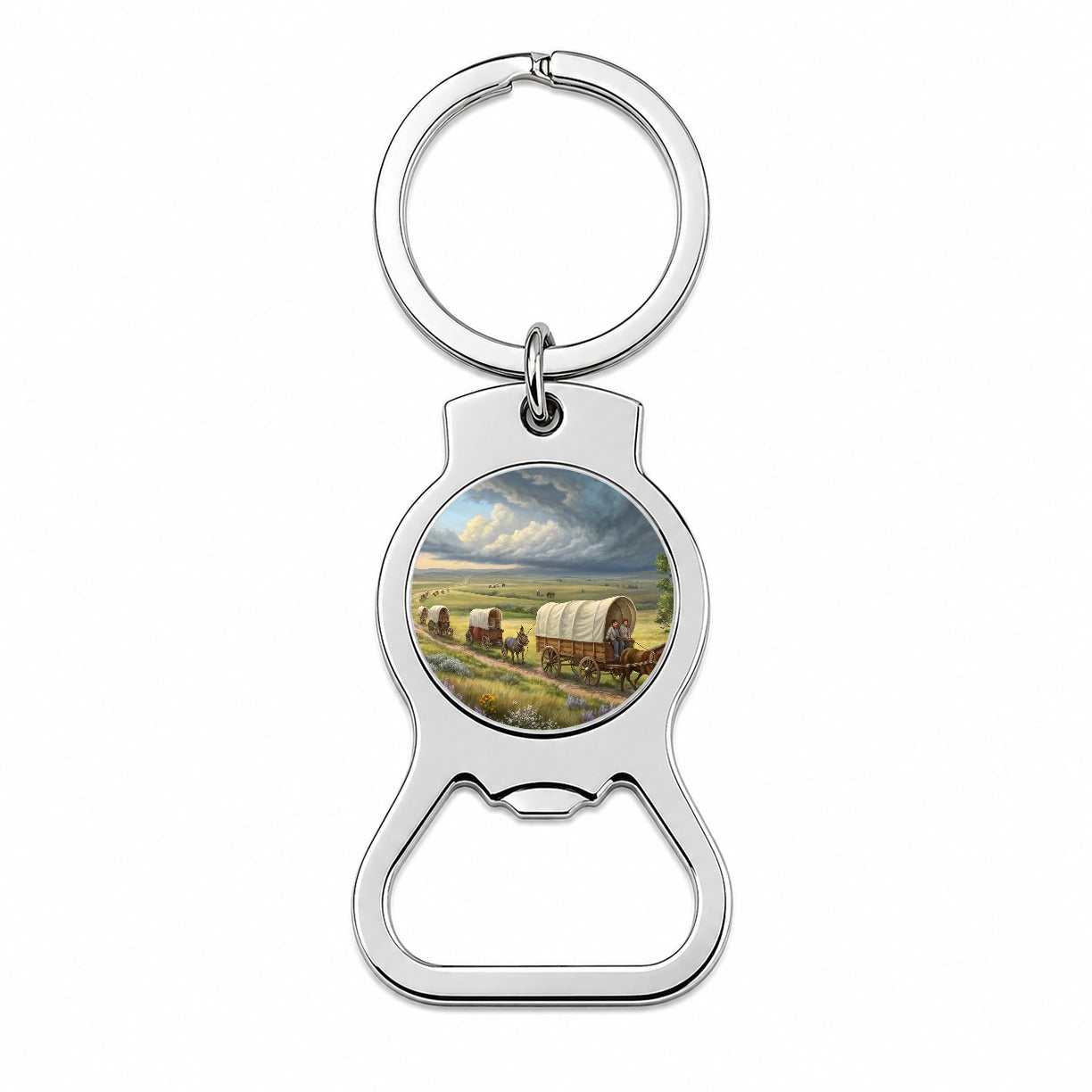 Old West Covered Wagons Crossing The Prairie Western Bottle Opener Keychain