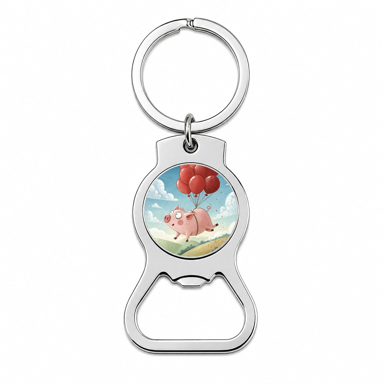 Pig Floating Through Sky Hanging From Red Balloons Bottle Opener Keychain