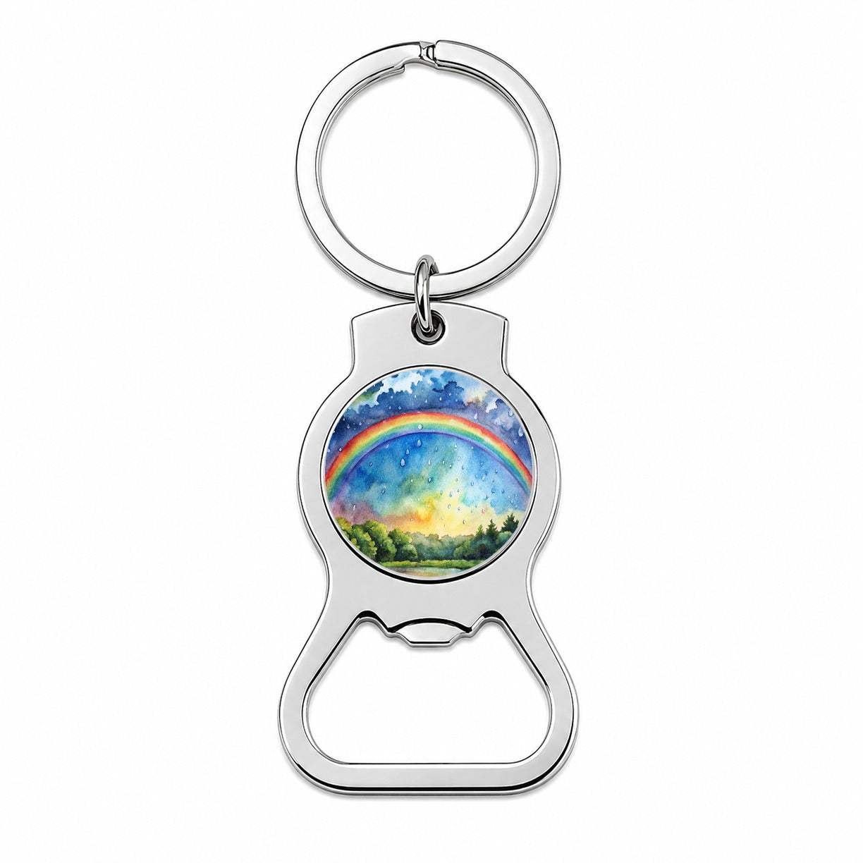 Rainbow After Rain Storm Watercolor Bottle Opener Keychain