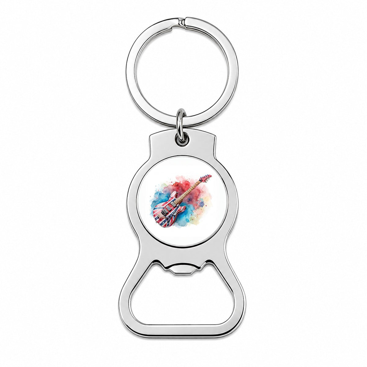 Red White Blue Rock and Roll Guitar Watercolor Bottle Opener Keychain