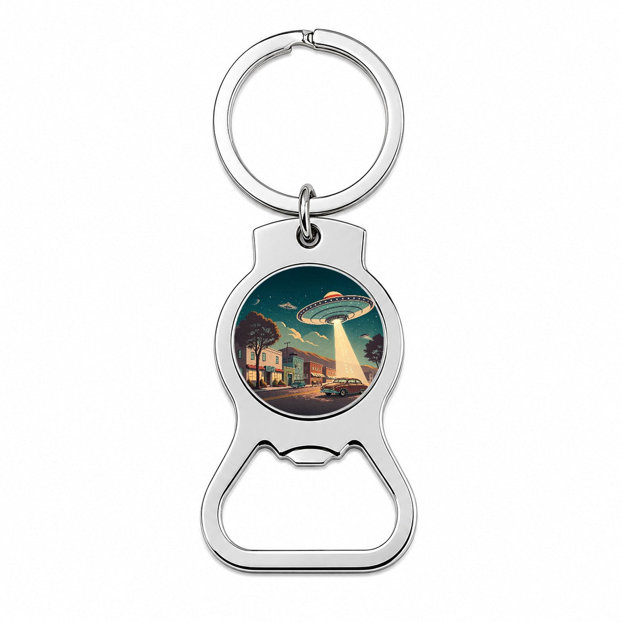 Retro Sci-fi 50's Poster Art Flying Saucer Bottle Opener Keychain