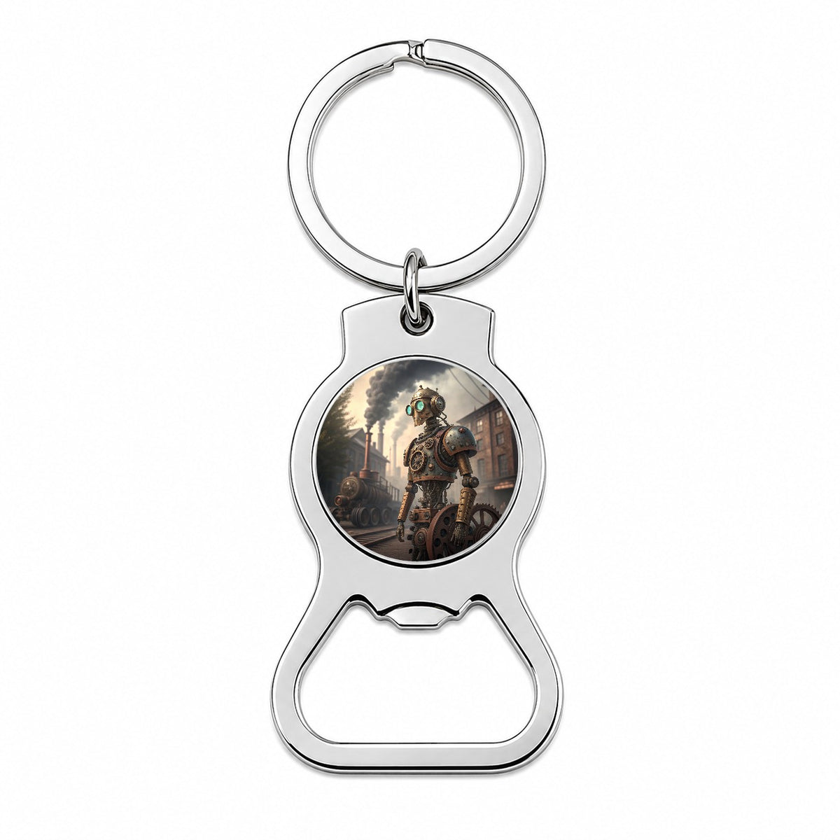 Retro Steampunk Factory Robot Android Bottle Opener Keychain
