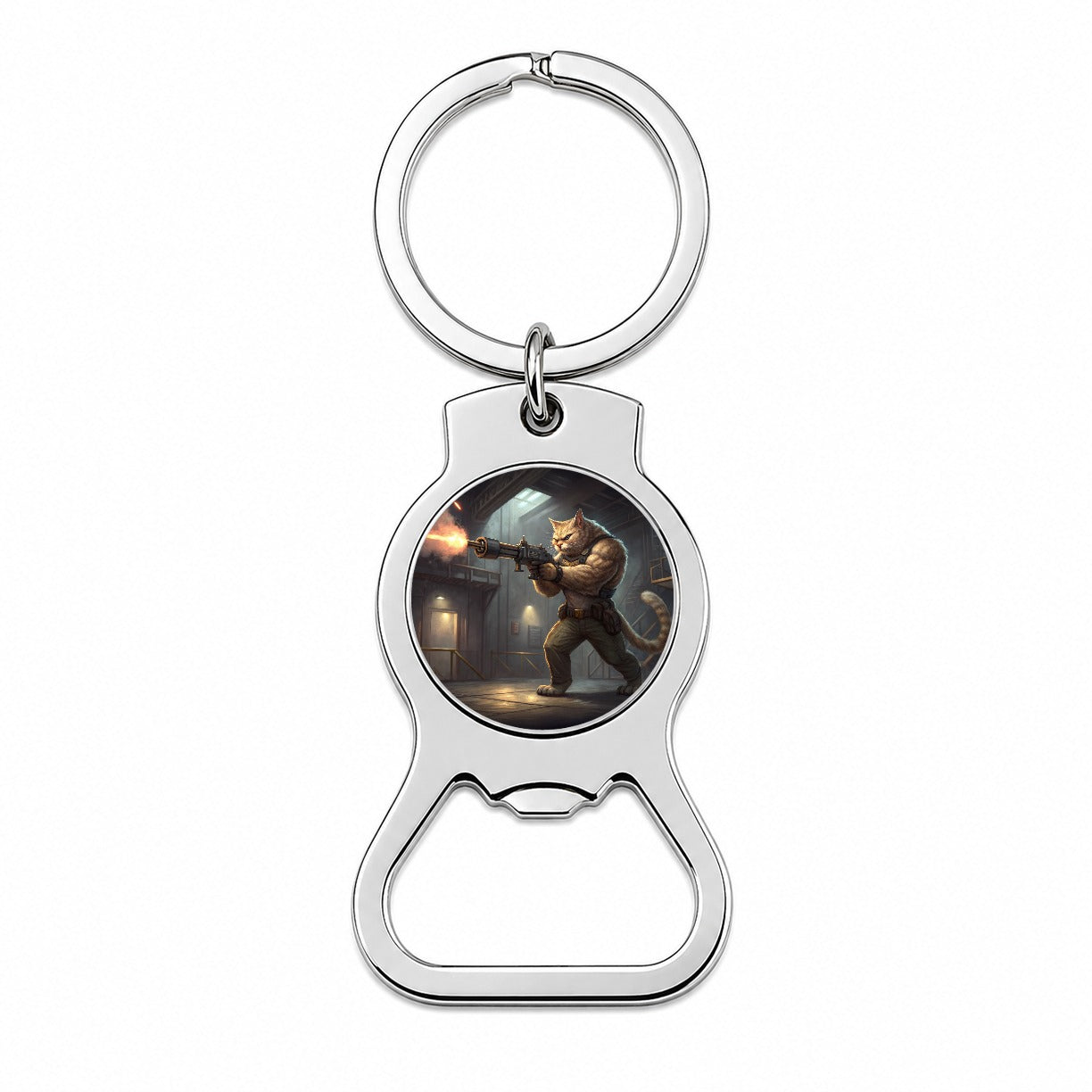 Sci-fi Action Hero Cat Shooting A Machine Gun Bottle Opener Keychain