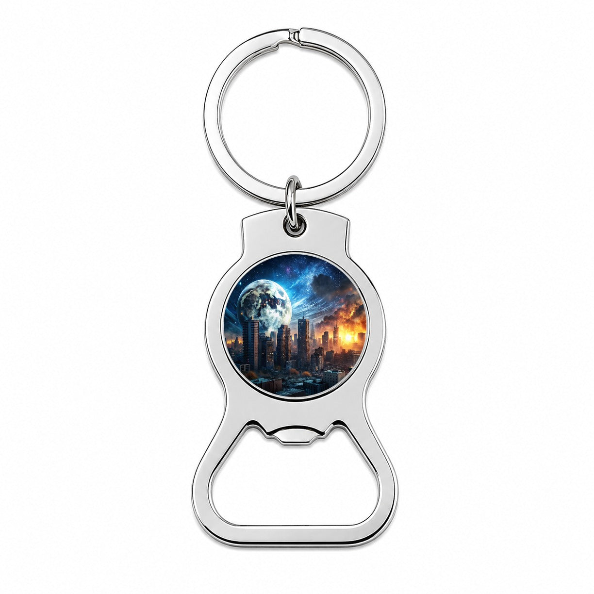 Sci-fi Apocalypse Cityscape City At Night Under a Large Full Moon Bottle Opener Keychain