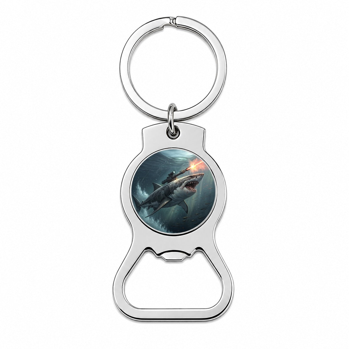 Shark With Laser Gun Mounted On Its Back Bottle Opener Keychain