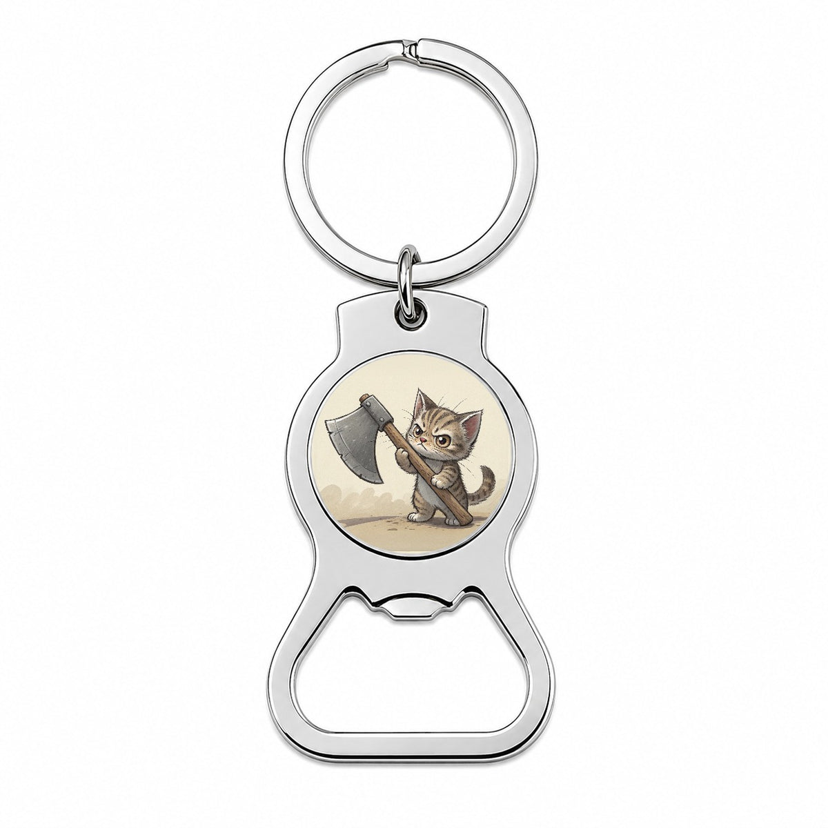 Small Cat Kitten Wielding a Large Axe Funny Fantasy Bottle Opener Keychain