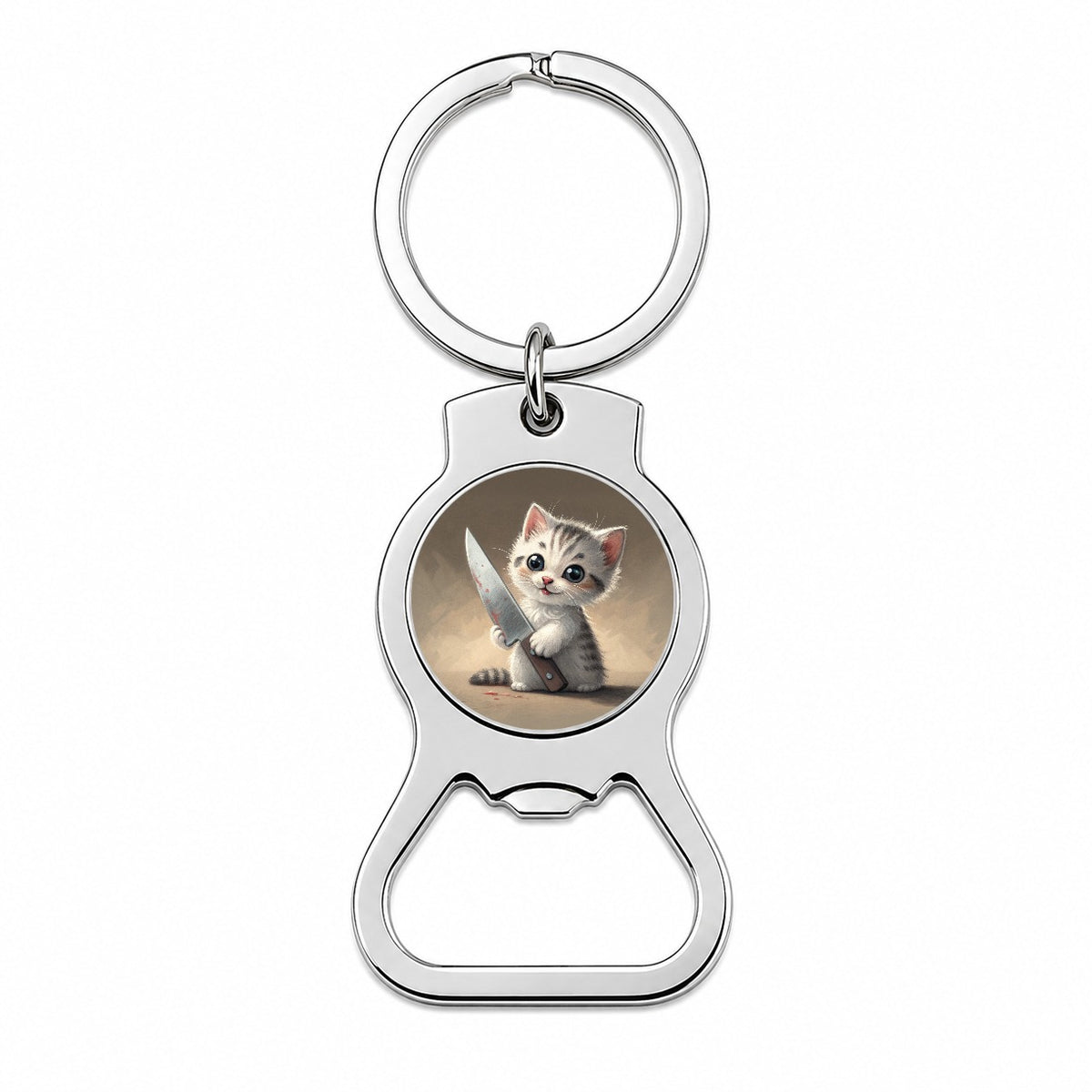 Small Cute Cat Kitten with a Butcher Knife Funny Bottle Opener Keychain