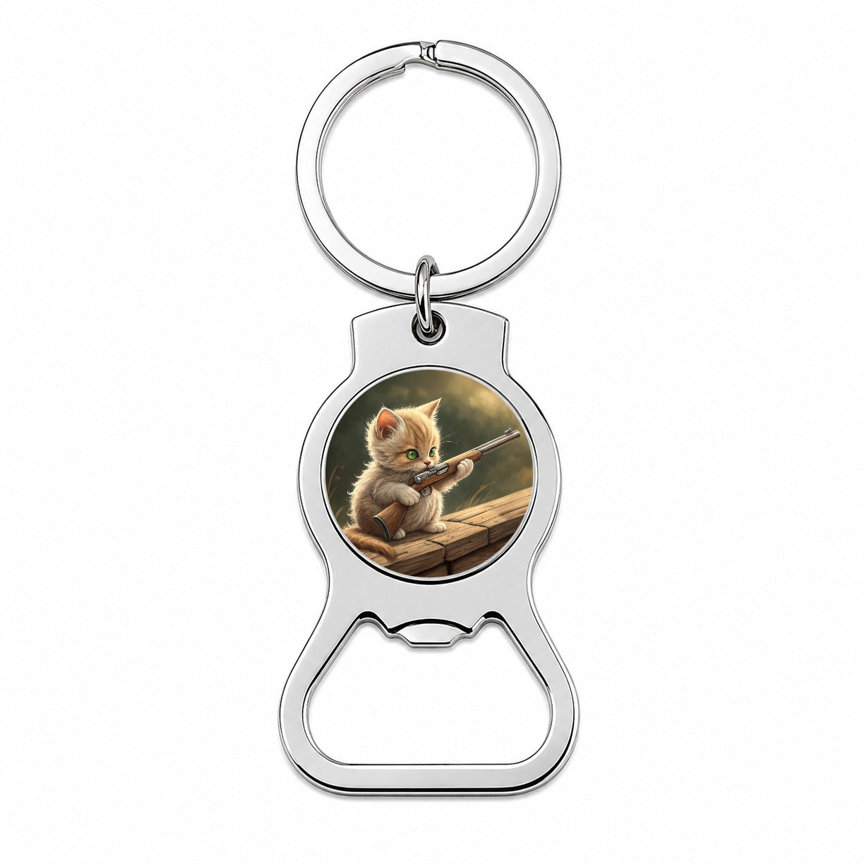 Small Cute Fuzzy Cat Kitten with a Shotgun Funny Bottle Opener Keychain