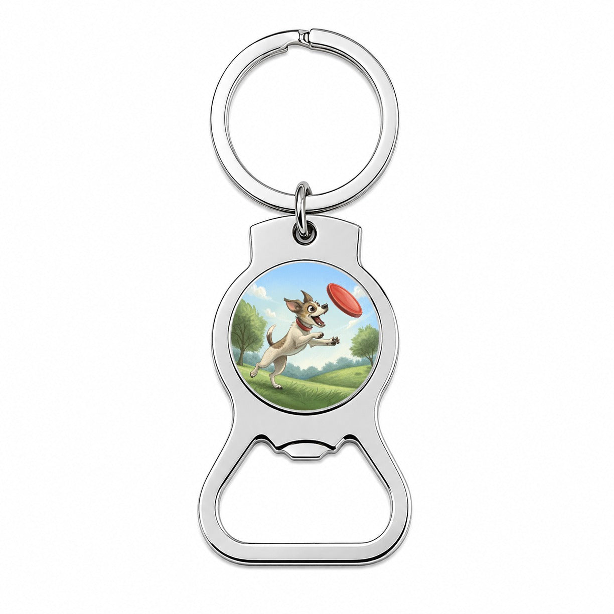 Small Dog Catching a Flying Disc Bottle Opener Keychain