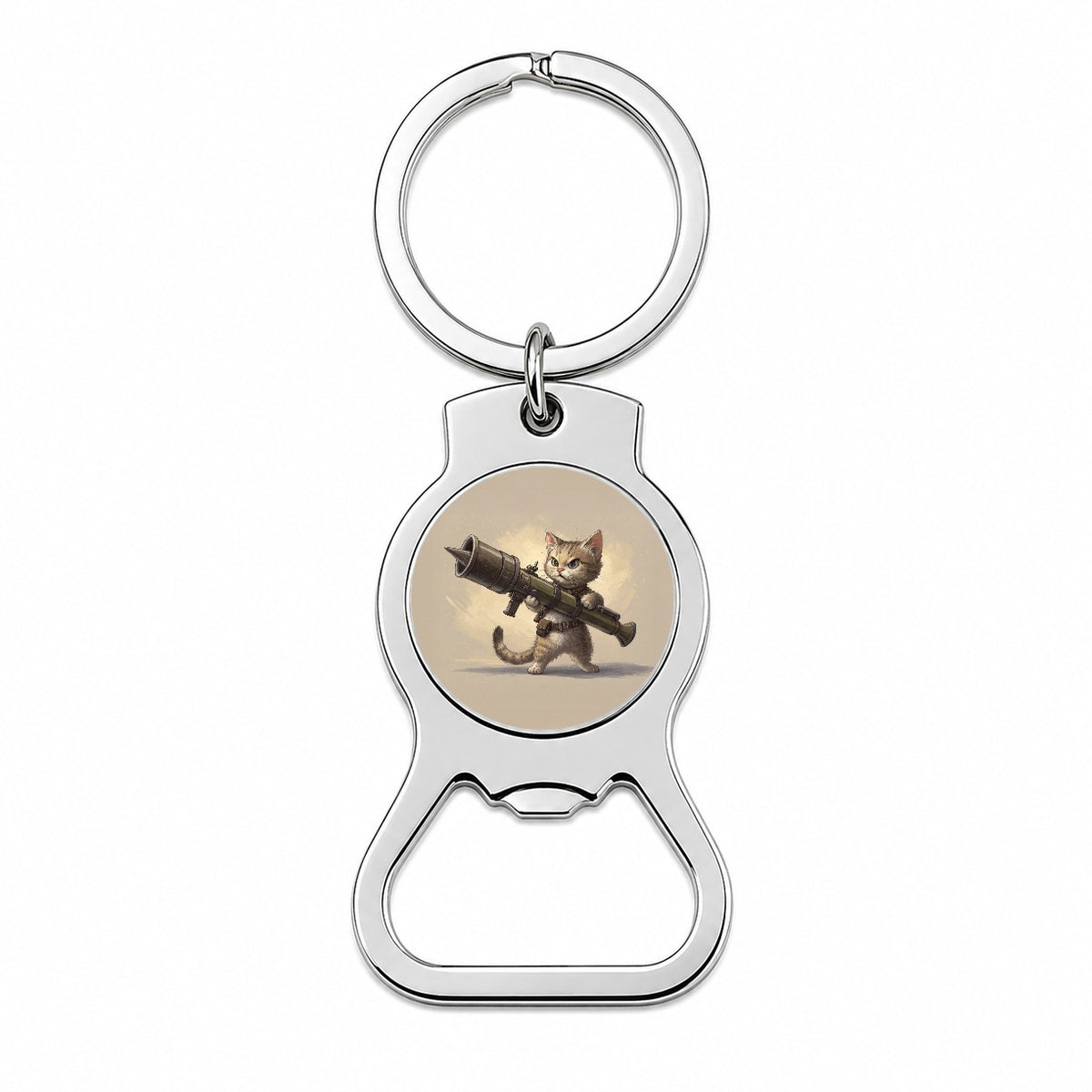 Small Fuzzy Cat Kitten with a Rocket Launcher Funny Bottle Opener Keychain