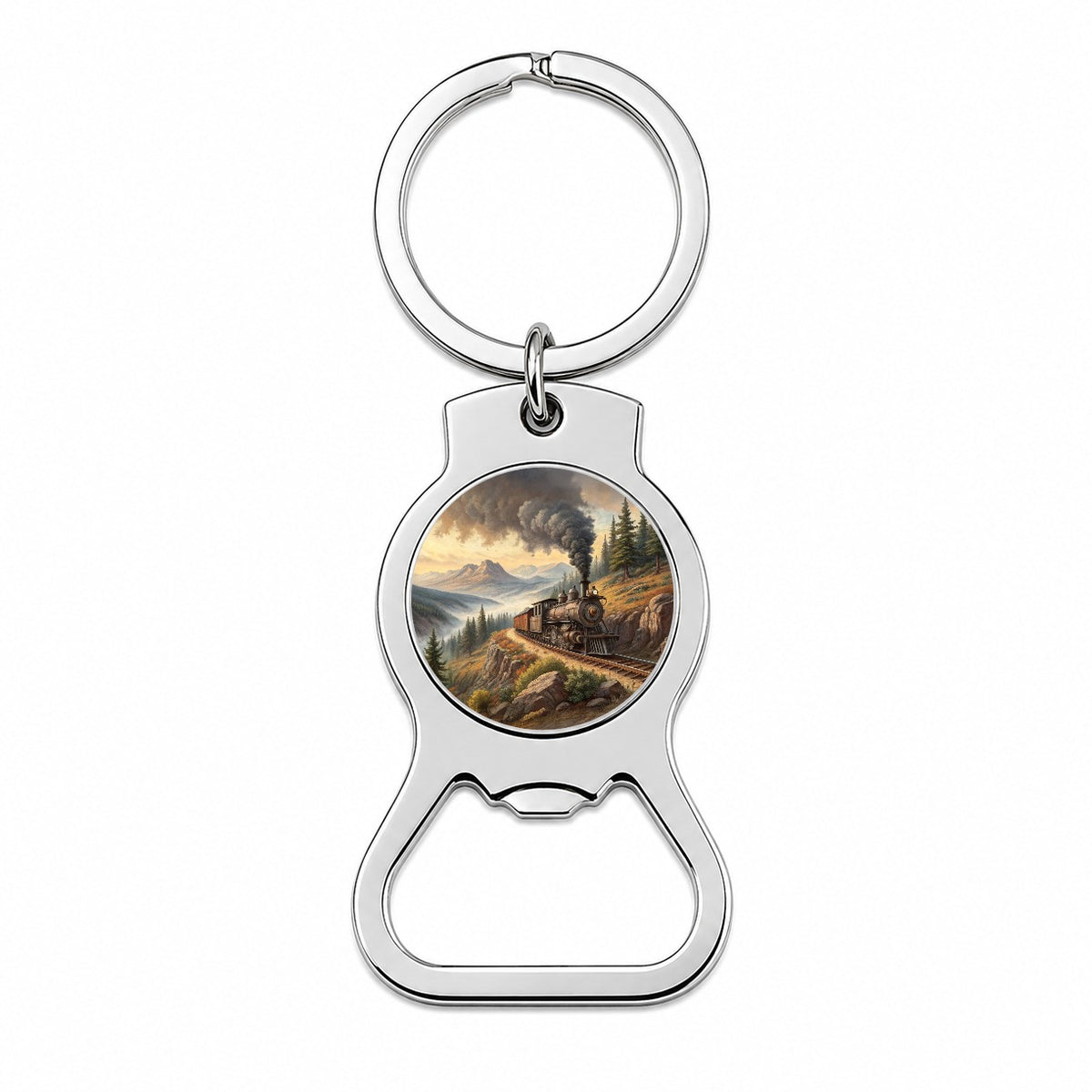 Steam Locomotive Coming Around The Mountain Old West Western Bottle Opener Keychain