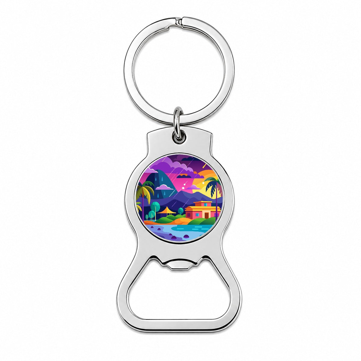Vibrant Colored Tropical Monsoon Raining Landscape Bottle Opener Keychain