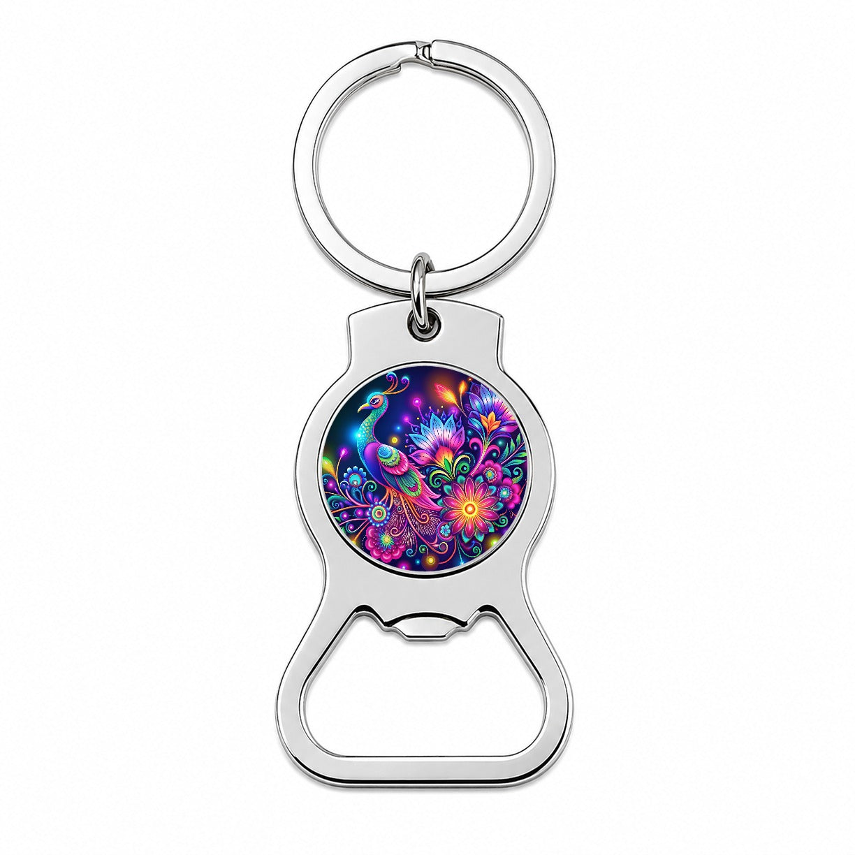 Abstract Neon Peacock Floral Design Bottle Opener Keychain