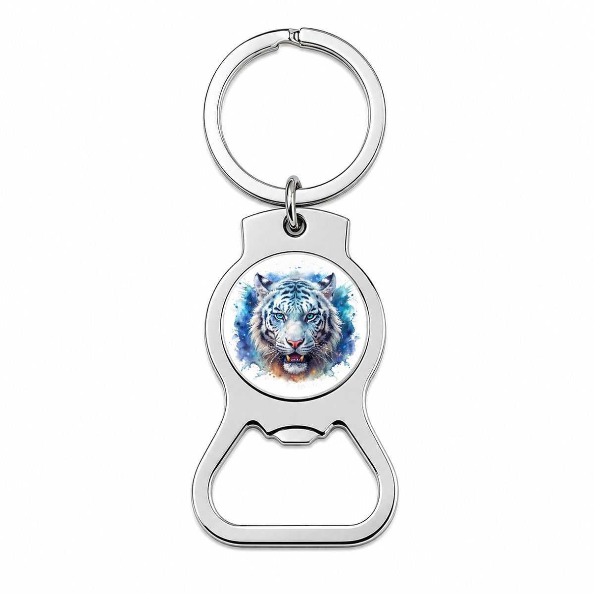 Angry White Tiger Watercolor Bottle Opener Keychain