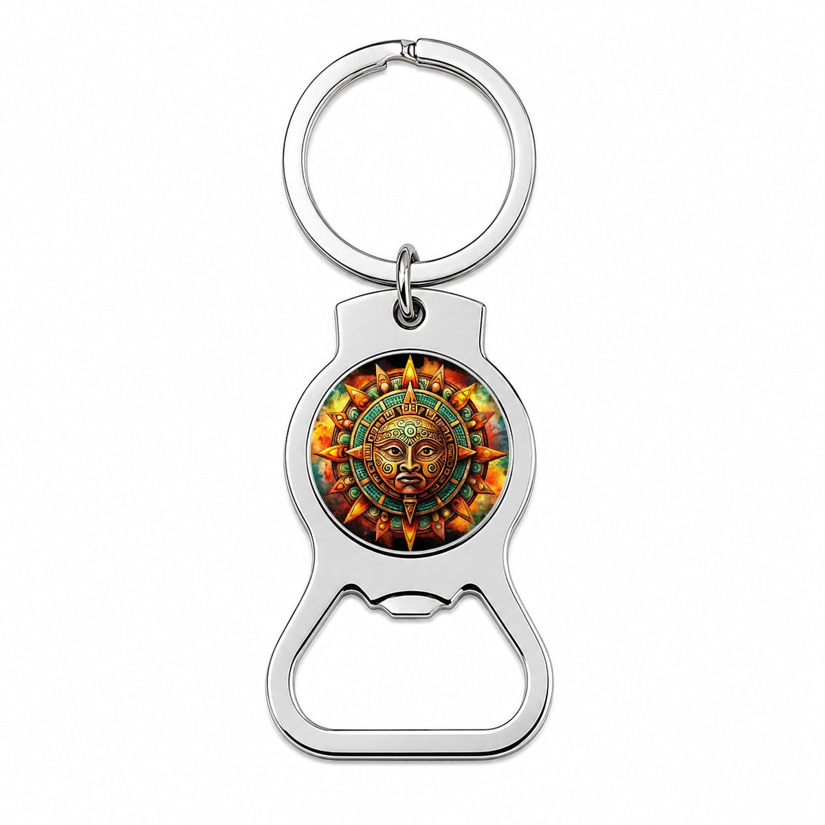 Aztec Sun God Symbol Watercolor Bottle Opener Keychain